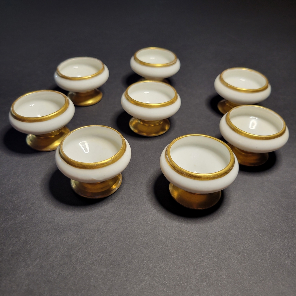Antique White & Gold Porcelain Salt Cellars - Set of 8